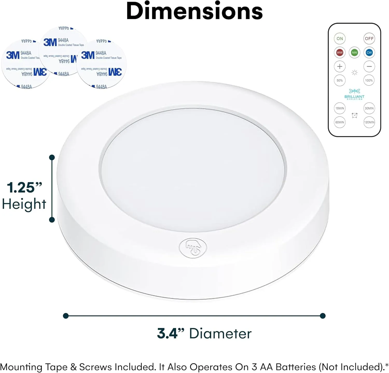 Brilliant Evolution Wireless LED Puck Light 3 Pack | Works With Remote Control | Under Cabinet , Closet Light | Battery Powered | Under Counter Lighting | Stick On Lights