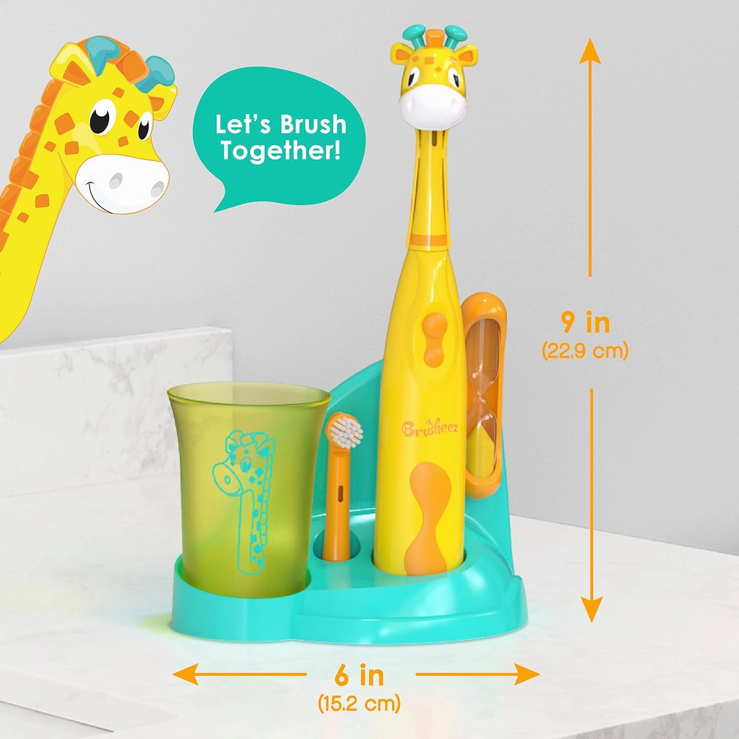 Brusheez Kids’ Electric Toothbrush Set - Safe & Effective for Ages 3  - Parent Tested & Approved with Gentle Bristles, 2 Brush Heads, Rinse Cup, 2-Minute Timer, & Storage Base (Jovie The Giraffe)