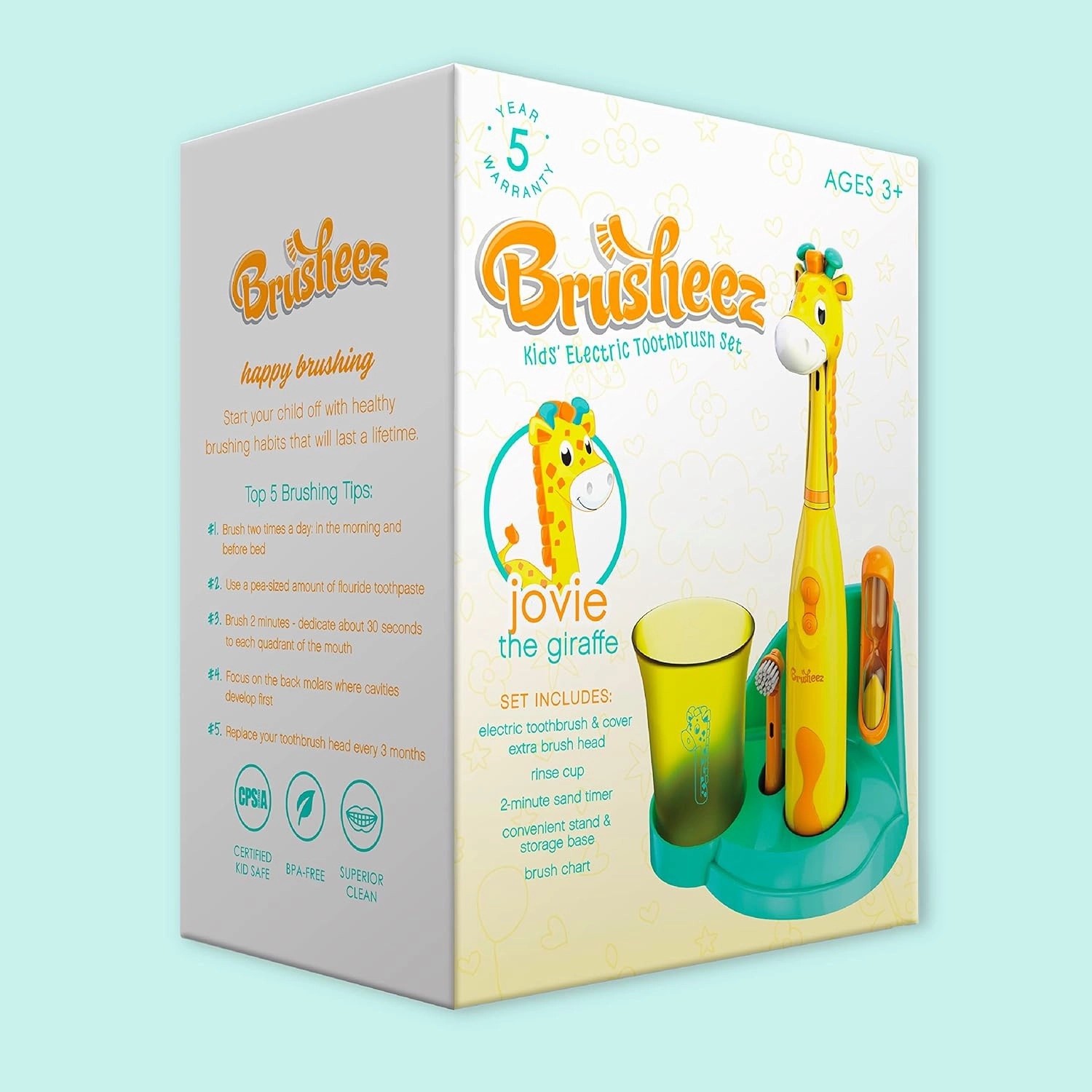 Brusheez Kids’ Electric Toothbrush Set - Safe & Effective for Ages 3  - Parent Tested & Approved with Gentle Bristles, 2 Brush Heads, Rinse Cup, 2-Minute Timer, & Storage Base (Jovie The Giraffe)