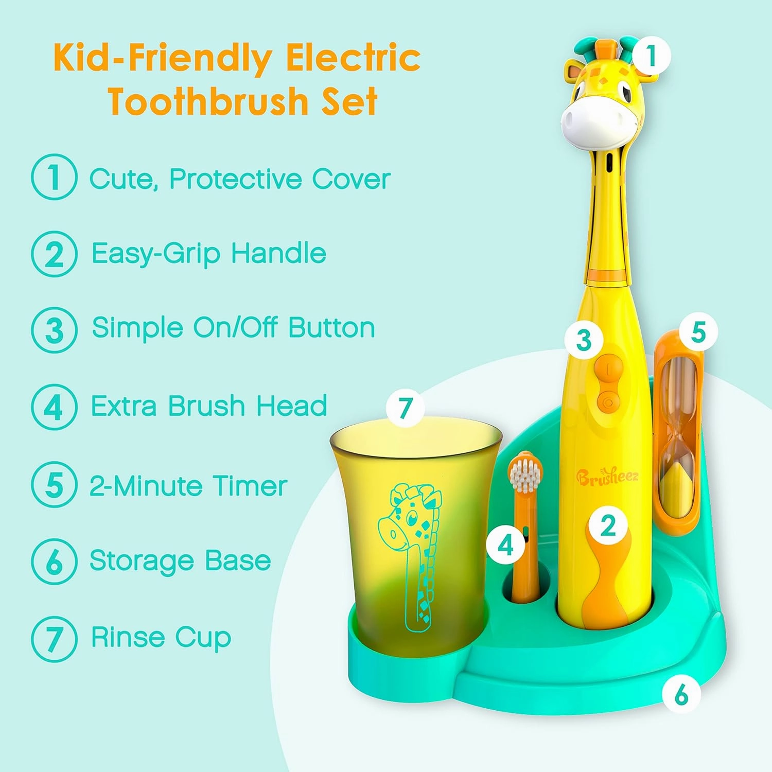 Brusheez Kids’ Electric Toothbrush Set - Safe & Effective for Ages 3  - Parent Tested & Approved with Gentle Bristles, 2 Brush Heads, Rinse Cup, 2-Minute Timer, & Storage Base (Jovie The Giraffe)