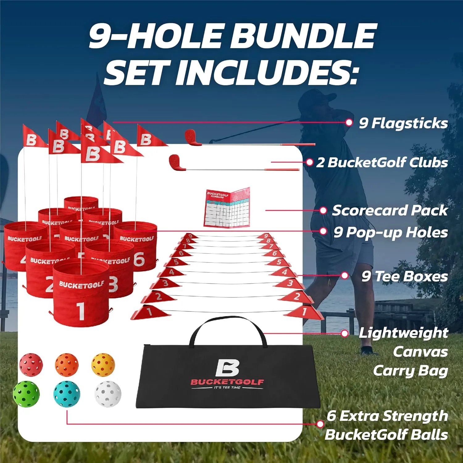 bucketgolf 9 Hole Bundle - Outdoor Golf Game for All Ages. Adults, Kids, Family. Play Anywhere - Yards, Beach, Park, Backyard. Includes 2 Clubs (1 RH   1 LH)