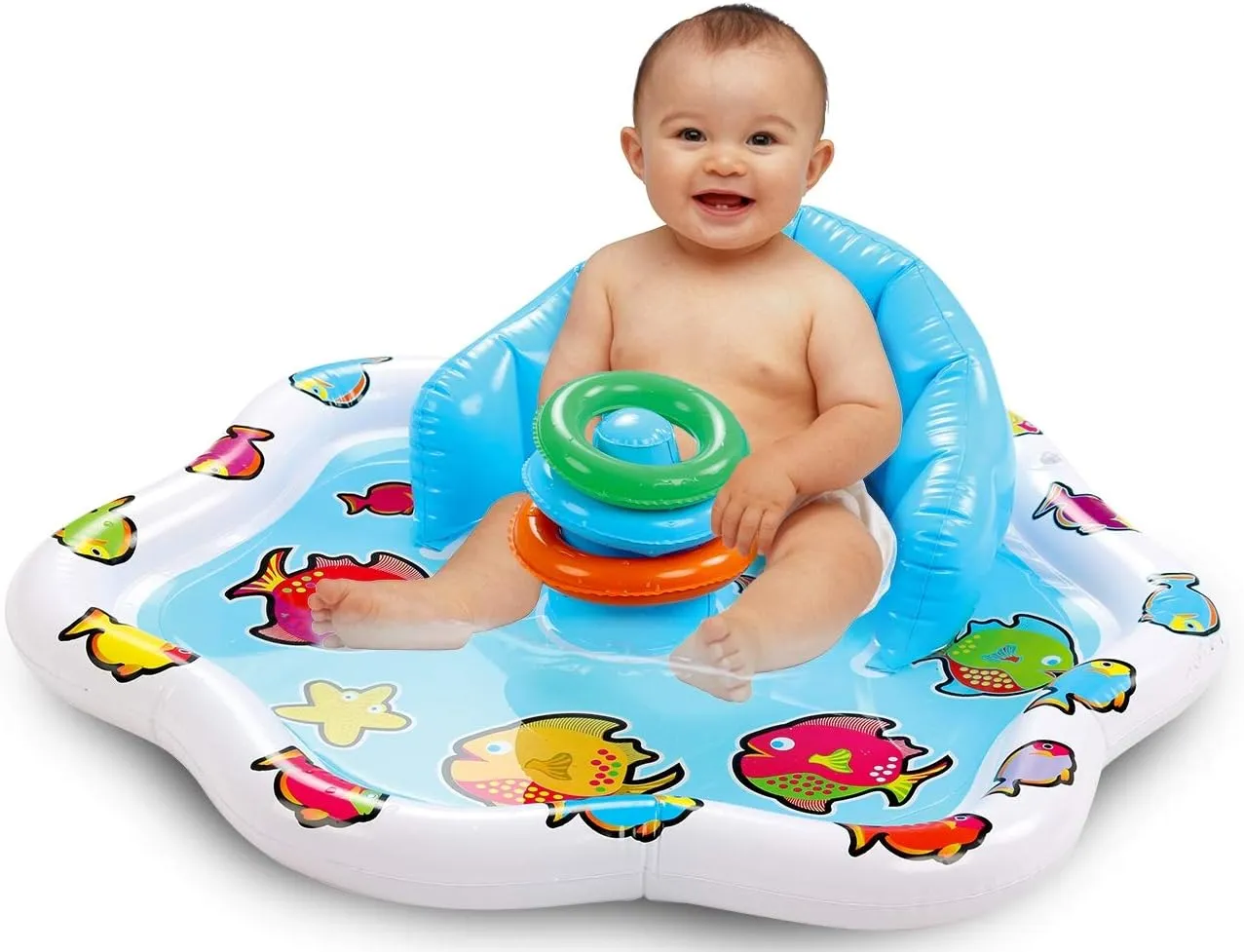 Bundaloo Baby Splash Pad with Inflatable Backrest and Stackable Ring Toys – Sensory Water Play Mat for Infants and Toddlers – Summer Outdoor Fun