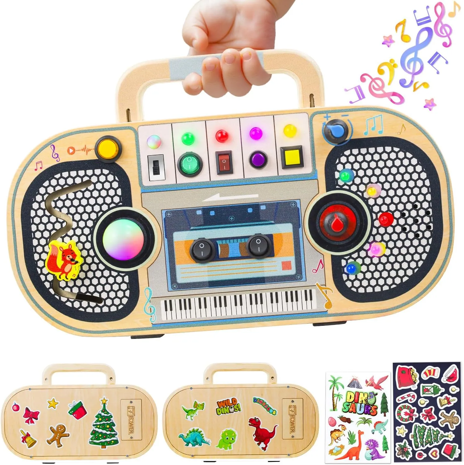 Busy Board Montessori Toys for Toddlers, Wooden Sensory Toys with LED Light, Switches, Music, Labyrinth, Adjust Volume, 2 DIY Stickers, Learning Travel Toys for 1  Year Old