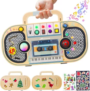 Busy Board Montessori Toys for Toddlers, Wooden Sensory Toys with LED Light, Switches, Music, Labyrinth, Adjust Volume, 2 DIY Stickers, Learning Travel Toys for 1  Year Old