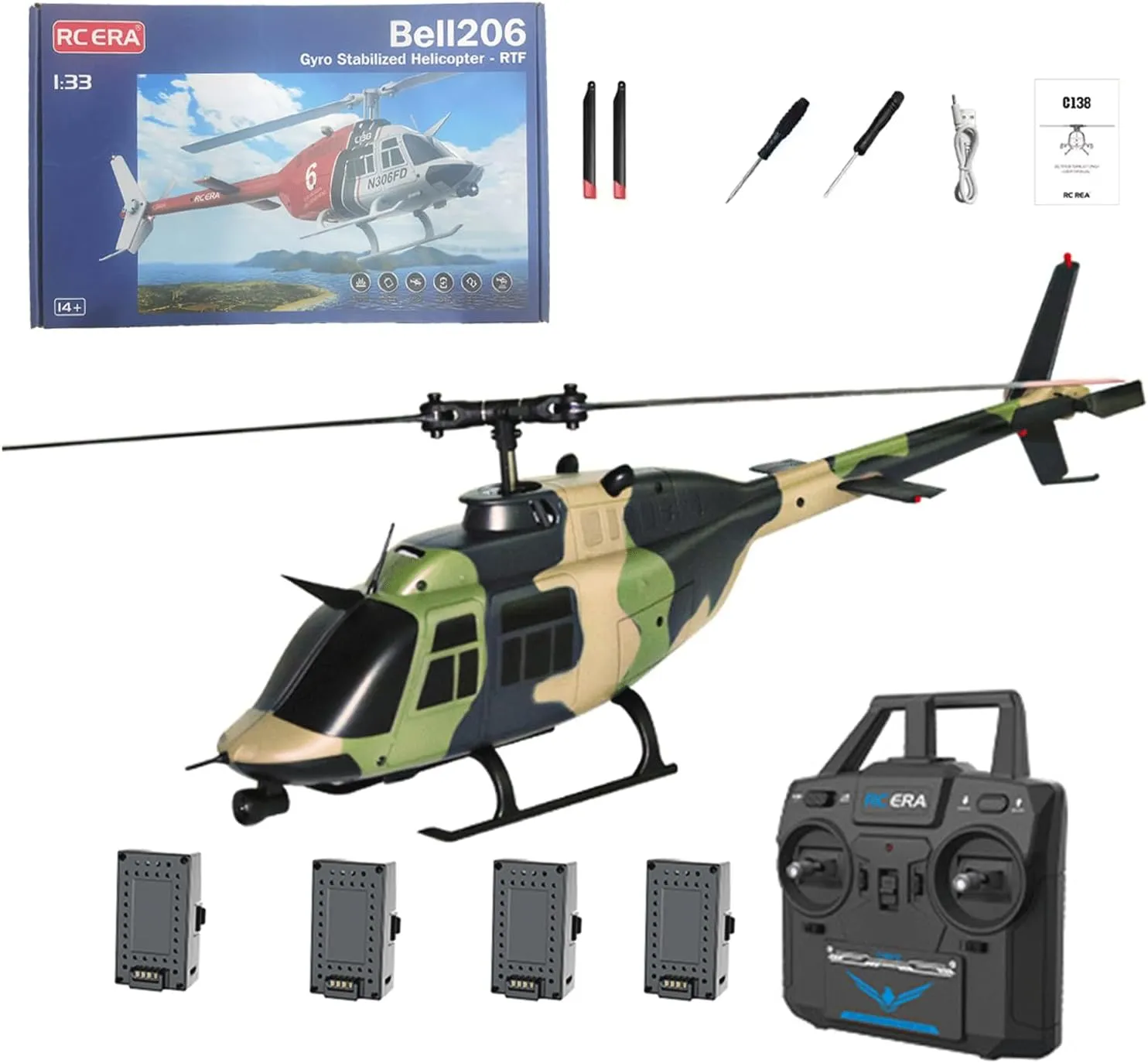 C138 Bell 206 RC Helicopter for Adults, 1/33 2.4G 6CH 6-Axis Gyro Brushless Optical Flow Positioning Helicopter Altitude Hold Aileron-Free Aircraft - RTF /4 Battery