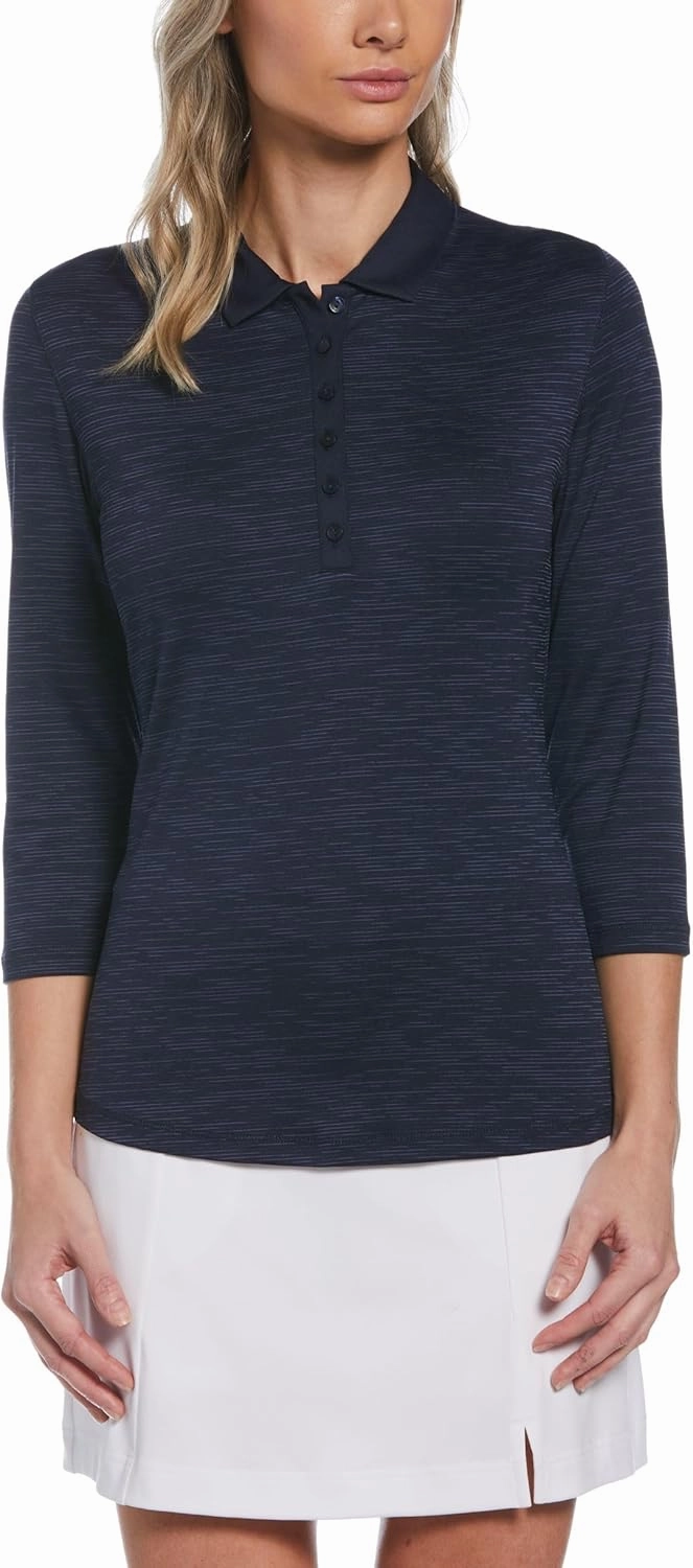 Callaway Women's 3/4 Sleeve Space Dye Golf Polo, Stretch Seams, Moisture-Wicking, Sun Protection, Textured Recycled Fabric