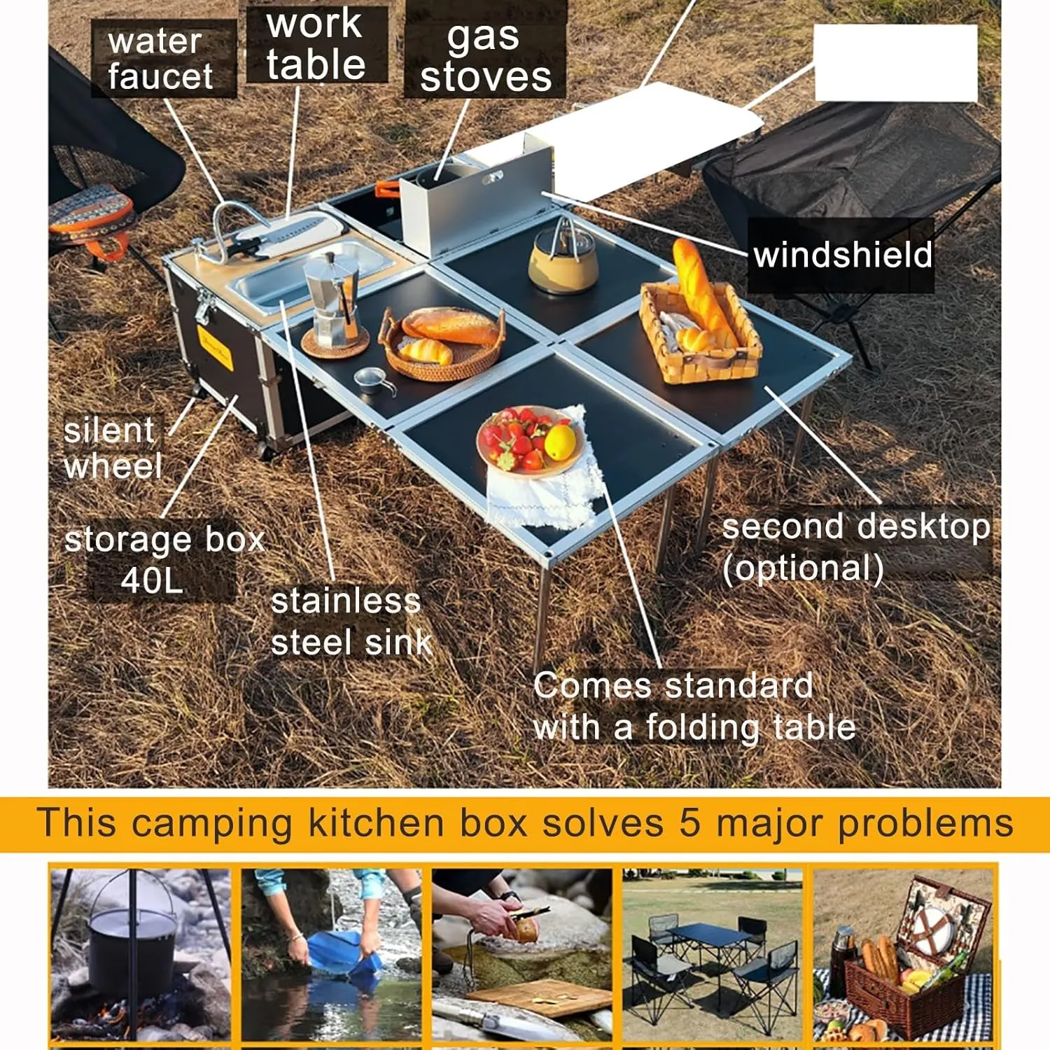 Camp Kitchen with Sink and Stove Camp Table Camping Kitchen Station Camp Cooking Set Camping Box with Wheels Portable Kitchen with Storage (Size : Add 1 Extra Table)
