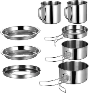 Camping Cooking Pan 8-Piece Picnic Cookware Portable Mess Kit Stainless Steel Outdoor Cooking Set