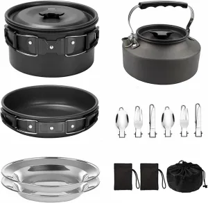 Camping Cookwa Set Non-Stick Lightweight Pot Pan Kettle Set with Stainless Steel Plates and Utensils for Outdoors Cooking Camping Hiking Picnic Backpacking