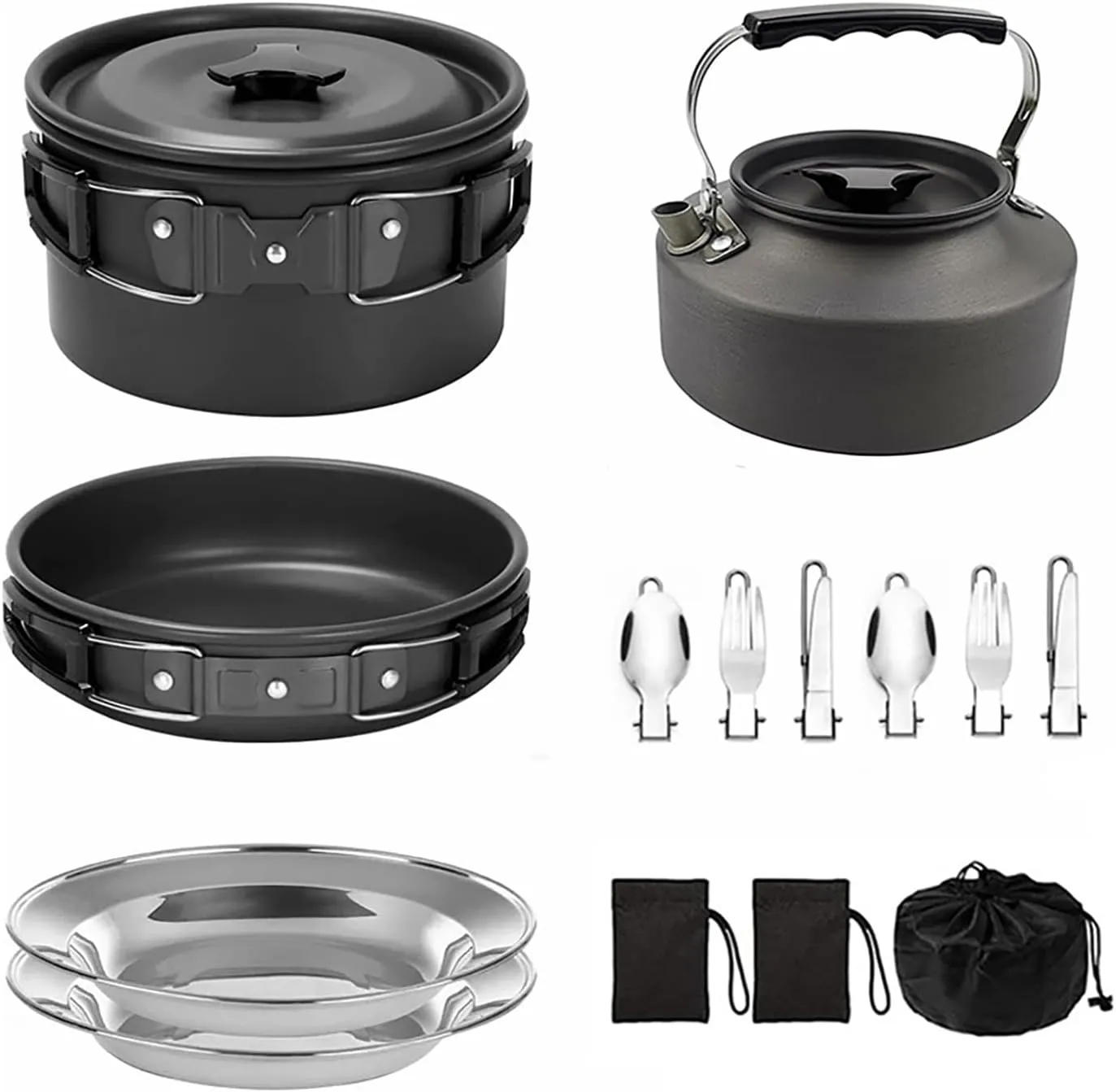Camping Cookwa Set Non-Stick Lightweight Pot Pan Kettle Set with Stainless Steel Plates and Utensils for Outdoors Cooking Camping Hiking Picnic Backpacking