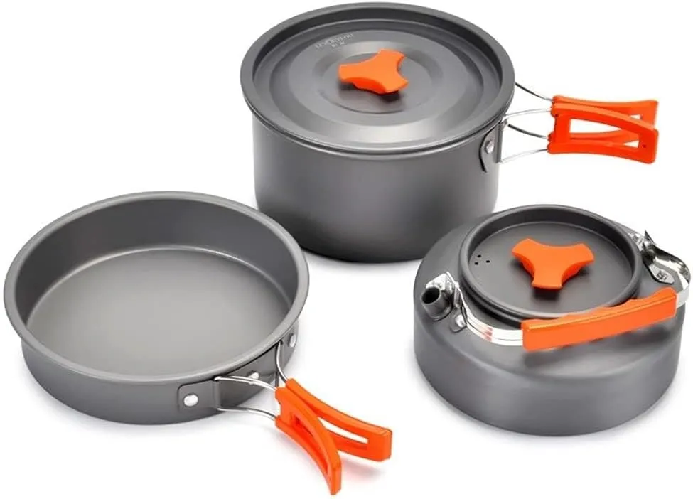 Camping Cookware Kit – Portable Aluminum Cooking Set with Frying Pan, Pot, Teapot, Water Kettle, Bowl, Spoon, for 2-3 People, Hiking, Picnic, BBQ