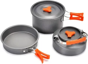 Camping Cookware Kit – Portable Aluminum Cooking Set with Frying Pan, Pot, Teapot, Water Kettle, Bowl, Spoon, for 2-3 People, Hiking, Picnic, BBQ