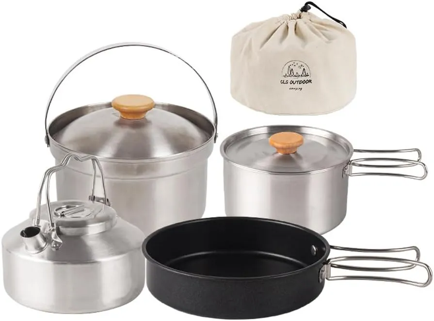 Camping Hiking Cookwa Set Outdoor Portable Picnic Cookwa Kit Stainless Steel Pot Frying Pan Kettle Set Travel Cooking Accessory