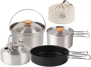 Camping Hiking Cookwa Set Outdoor Portable Picnic Cookwa Kit Stainless Steel Pot Frying Pan Kettle Set Travel Cooking Accessory