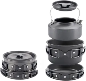Camping Set 1-3 Person Camping Cookware Teapot Frying Pan Portable Stove Pot Set with Utensils, Black, Medium