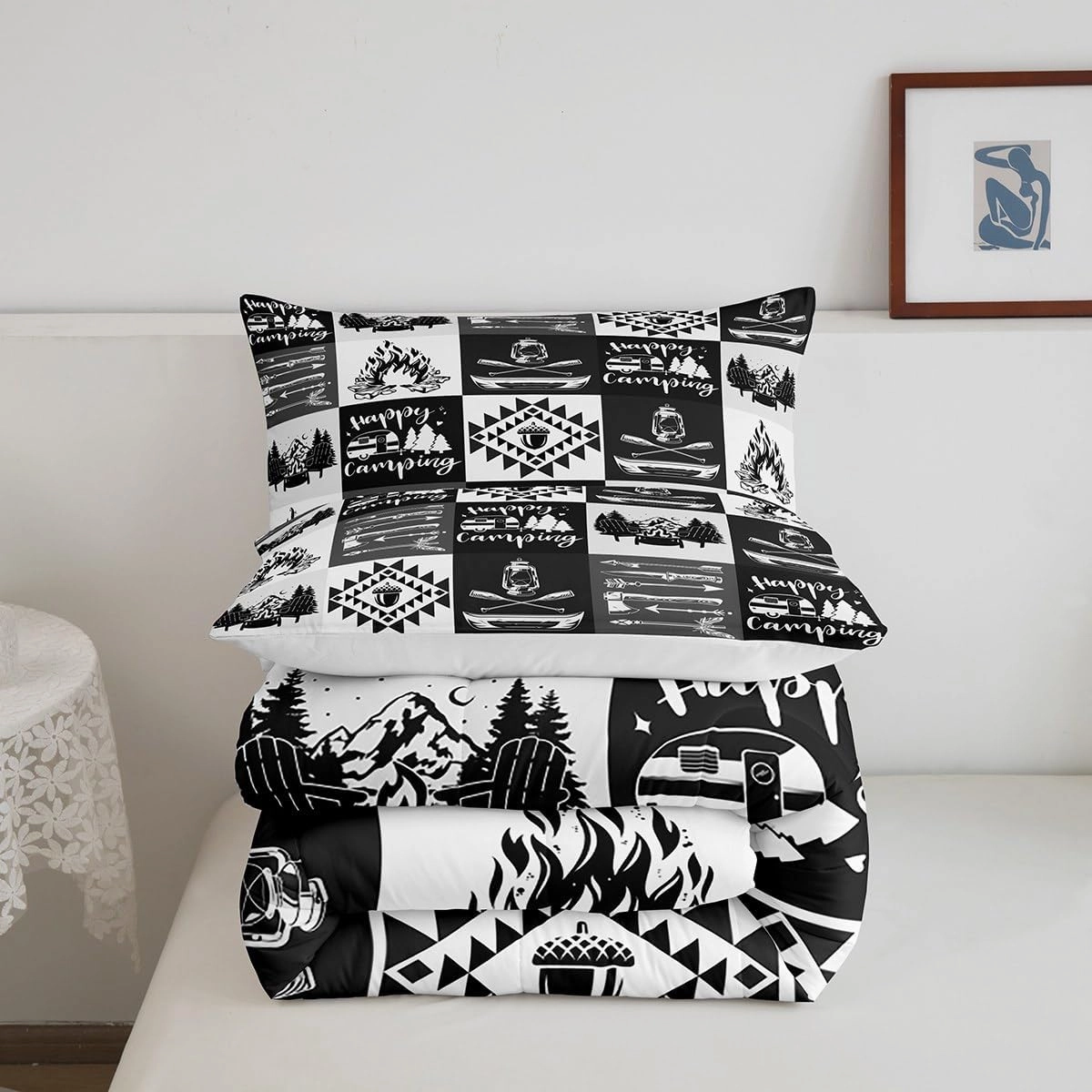 Camping Adventure Comforter Set Gray Patchwork Plaid Lodge Cabin Bedding Comforter for Kids Teens Adults Cartoon Jungle Trees Mountain Lake Bedroom Quilt Set with 2 Pillowcases Queen Size 3 Pcs