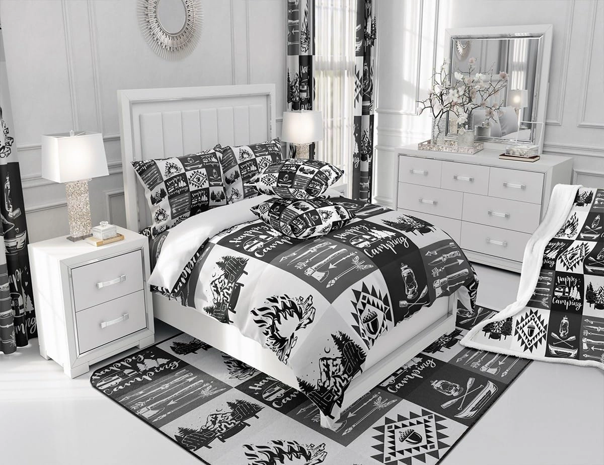 Camping Adventure Comforter Set Gray Patchwork Plaid Lodge Cabin Bedding Comforter for Kids Teens Adults Cartoon Jungle Trees Mountain Lake Bedroom Quilt Set with 2 Pillowcases Queen Size 3 Pcs