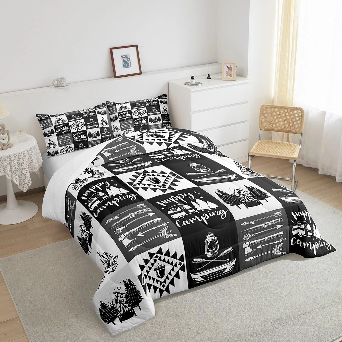 Camping Adventure Comforter Set Gray Patchwork Plaid Lodge Cabin Bedding Comforter for Kids Teens Adults Cartoon Jungle Trees Mountain Lake Bedroom Quilt Set with 2 Pillowcases Queen Size 3 Pcs