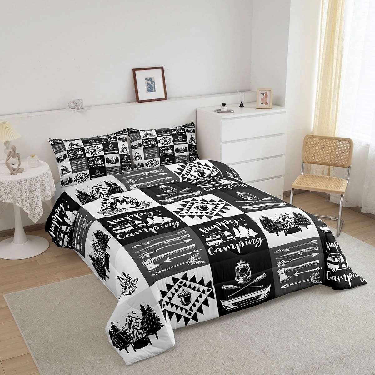 Camping Adventure Comforter Set Gray Patchwork Plaid Lodge Cabin Bedding Comforter for Kids Teens Adults Cartoon Jungle Trees Mountain Lake Bedroom Quilt Set with 2 Pillowcases Queen Size 3 Pcs