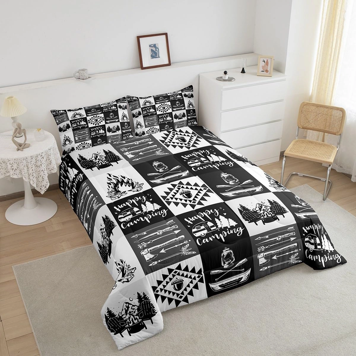 Camping Adventure Comforter Set Gray Patchwork Plaid Lodge Cabin Bedding Comforter for Kids Teens Adults Cartoon Jungle Trees Mountain Lake Bedroom Quilt Set with 2 Pillowcases Queen Size 3 Pcs