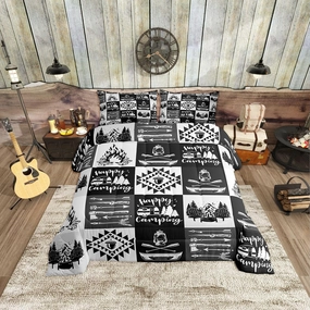 Camping Adventure Comforter Set Gray Patchwork Plaid Lodge Cabin Bedding Comforter for Kids Teens Adults Cartoon Jungle Trees Mountain Lake Bedroom Quilt Set with 2 Pillowcases Queen Size 3 Pcs