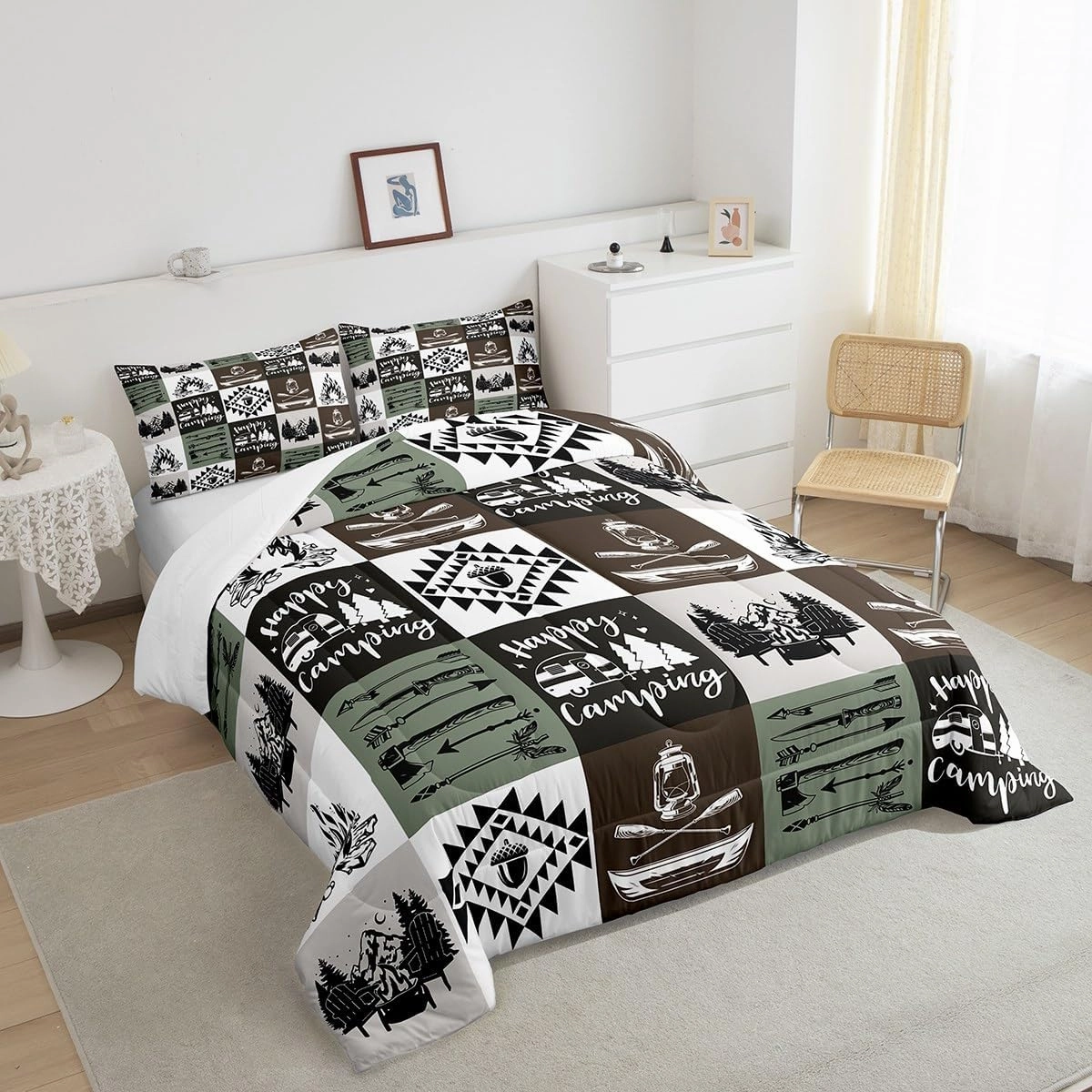 Camping Rustic Comforter Set Brown Green Plaid Jungle Adventure Bedding Comforter for Kids Teens Adults Pine Trees Lake Boat Tribal Grid Bedroom Quilt Set with 2 Pillowcases Queen Size 3 Pcs