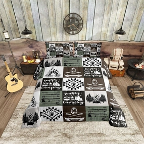 Camping Rustic Comforter Set Brown Green Plaid Jungle Adventure Bedding Comforter for Kids Teens Adults Pine Trees Lake Boat Tribal Grid Bedroom Quilt Set with 2 Pillowcases Queen Size 3 Pcs