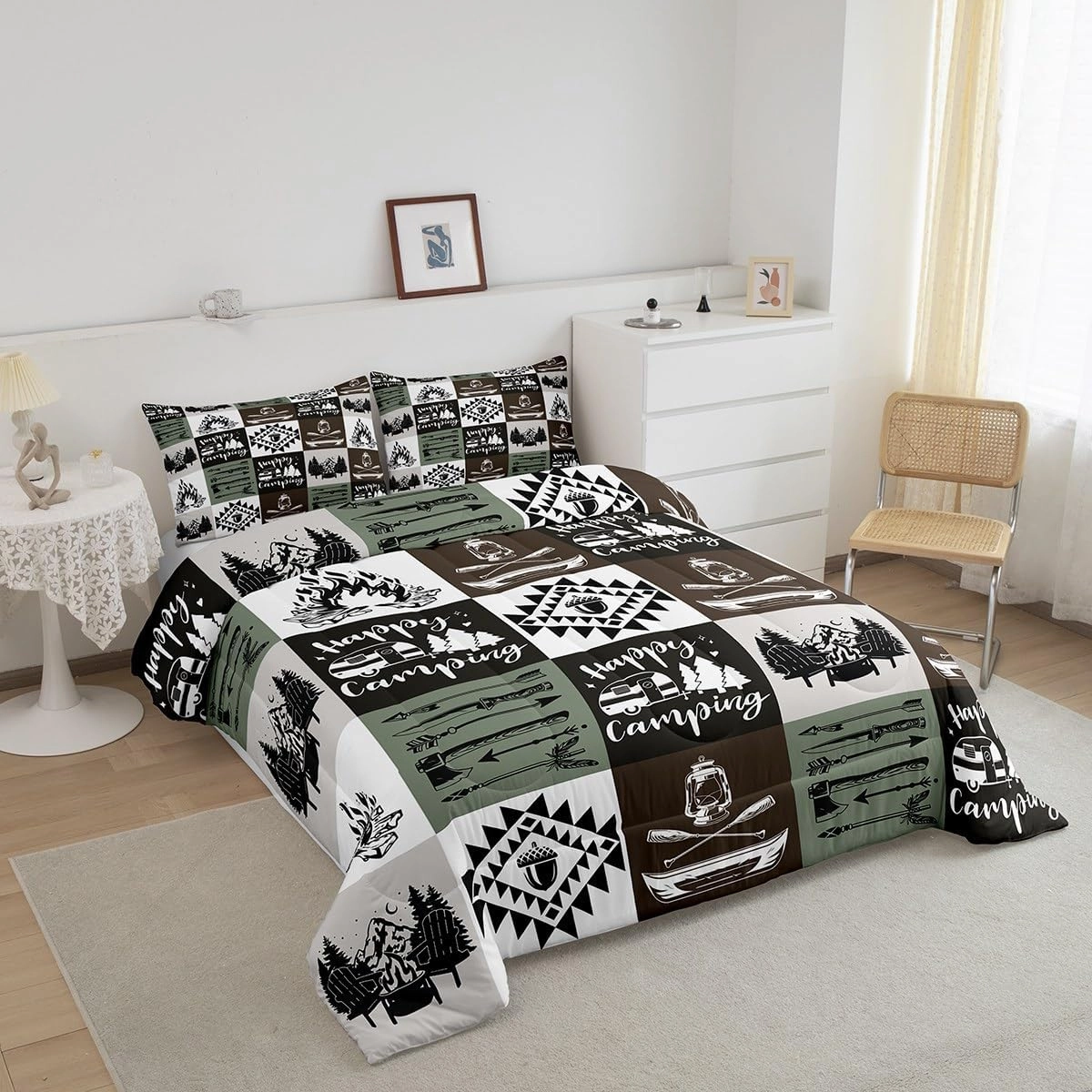 Camping Rustic Comforter Set Brown Green Plaid Jungle Adventure Bedding Comforter for Kids Teens Adults Pine Trees Lake Boat Tribal Grid Bedroom Quilt Set with 2 Pillowcases Queen Size 3 Pcs