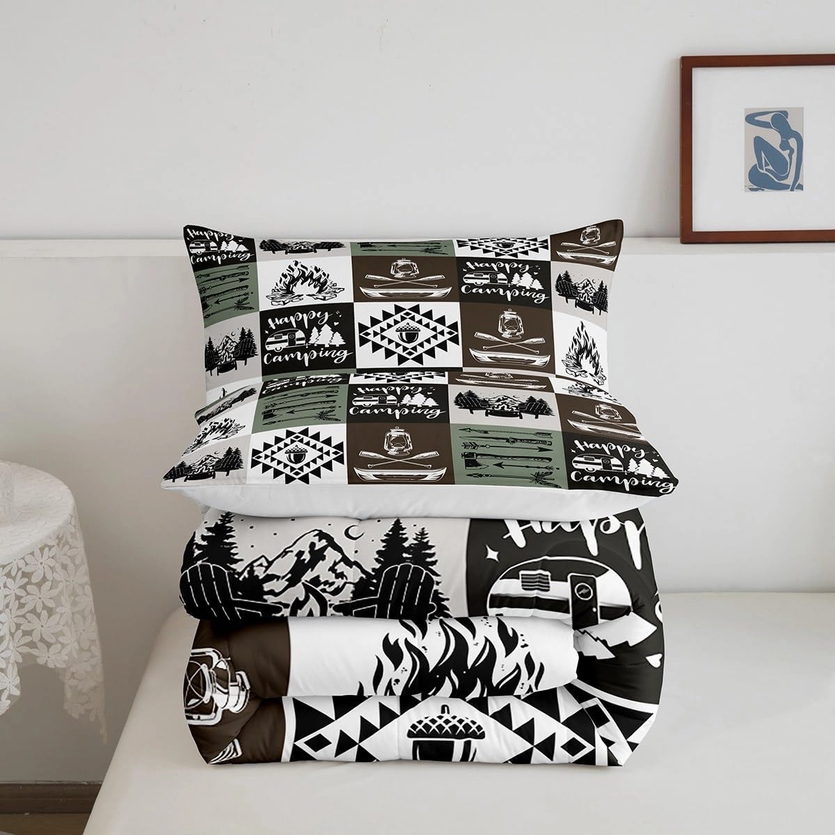 Camping Rustic Comforter Set Brown Green Plaid Jungle Adventure Bedding Comforter for Kids Teens Adults Pine Trees Lake Boat Tribal Grid Bedroom Quilt Set with 2 Pillowcases Queen Size 3 Pcs