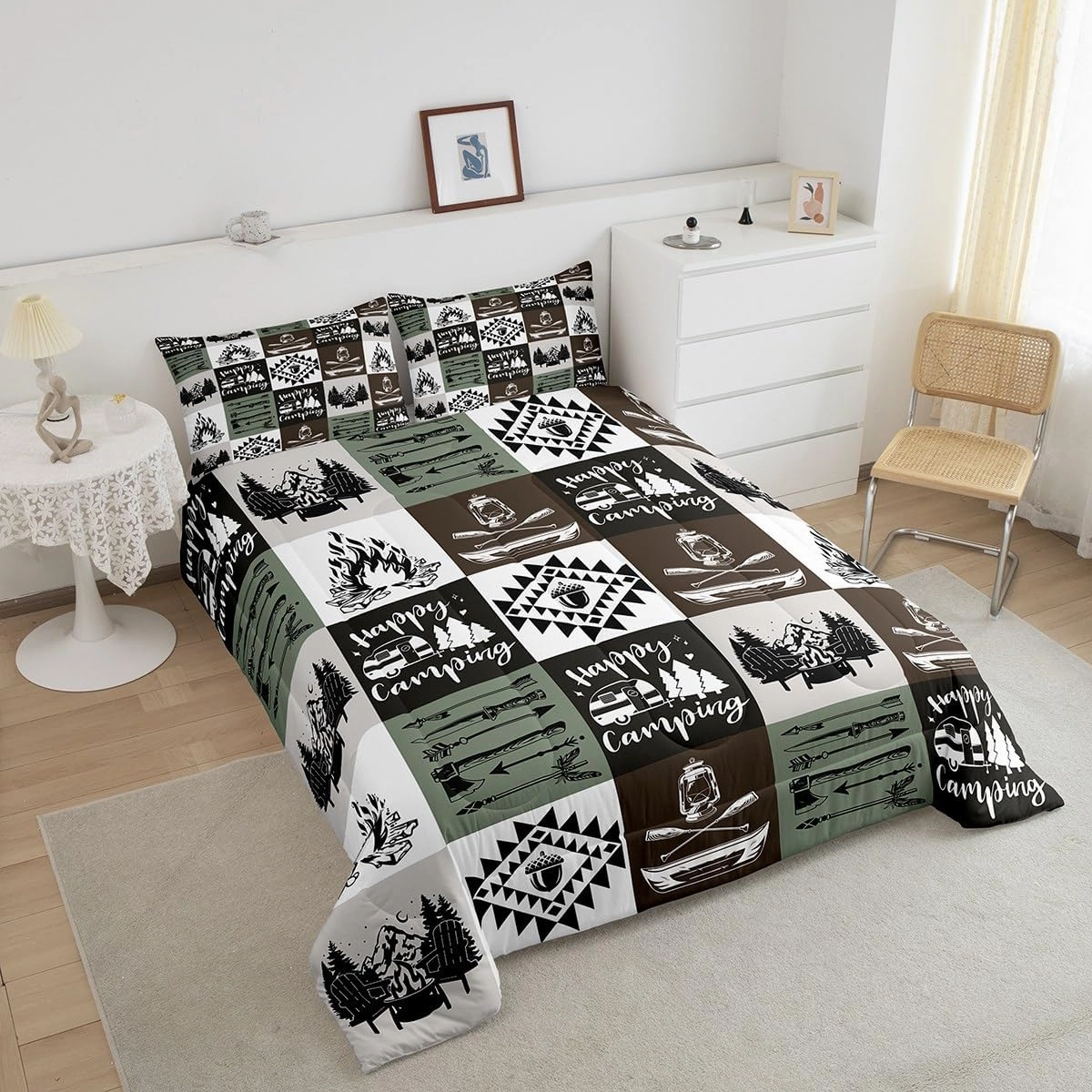 Camping Rustic Comforter Set Brown Green Plaid Jungle Adventure Bedding Comforter for Kids Teens Adults Pine Trees Lake Boat Tribal Grid Bedroom Quilt Set with 2 Pillowcases Queen Size 3 Pcs