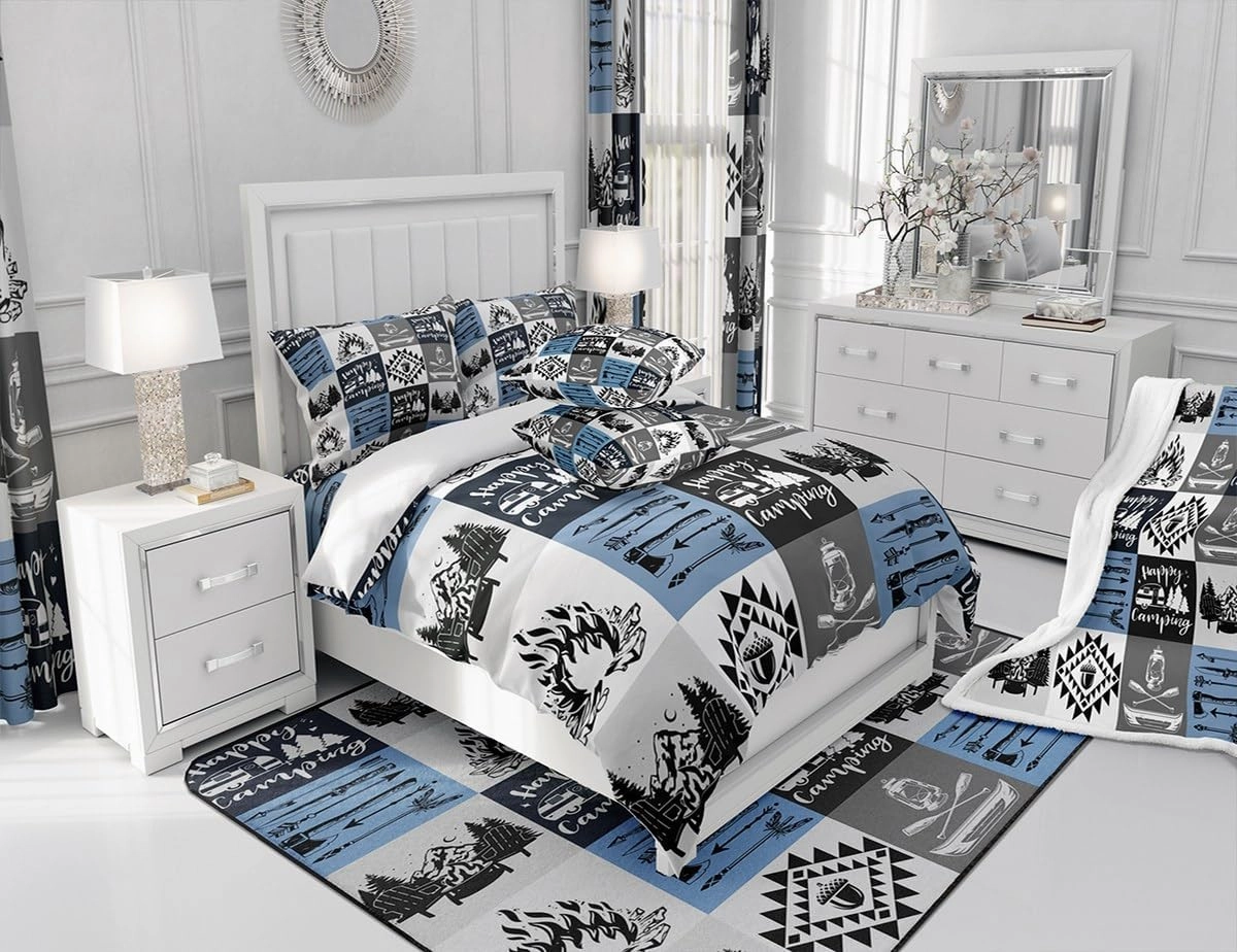 Camping RV Trailer Comforter Set Cartoon Trees Mountain Cute Pine Cones Bedding Comforter for Kids Teens Adults Jungle Adventure Lake Farmhouse Bedroom Quilt Set with 2 Pillowcases Queen Size 3 Pcs
