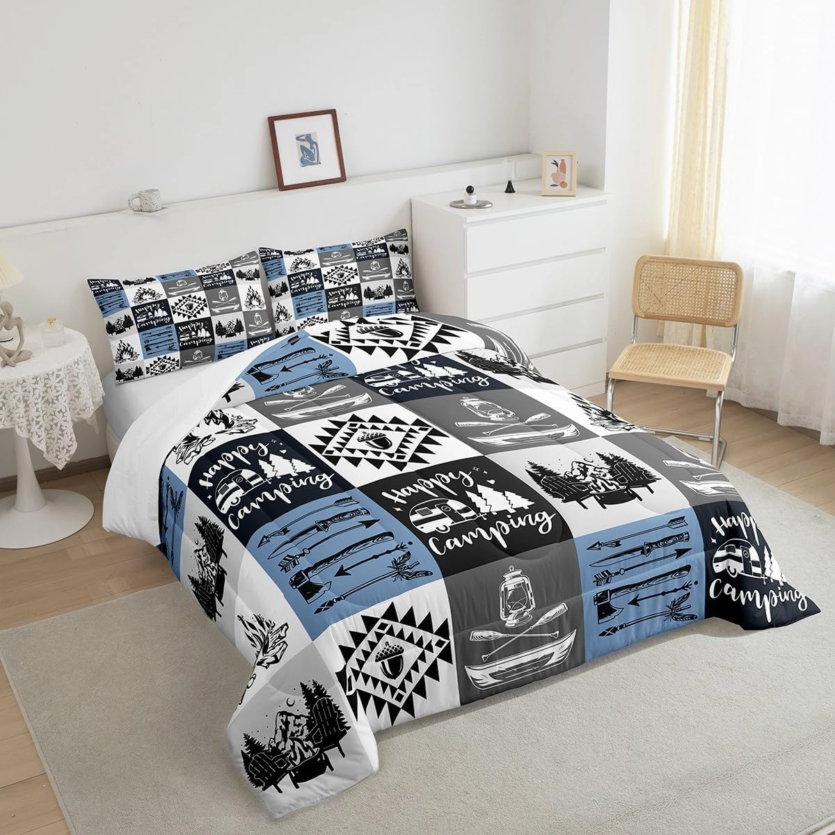 Camping RV Trailer Comforter Set Cartoon Trees Mountain Cute Pine Cones Bedding Comforter for Kids Teens Adults Jungle Adventure Lake Farmhouse Bedroom Quilt Set with 2 Pillowcases Queen Size 3 Pcs