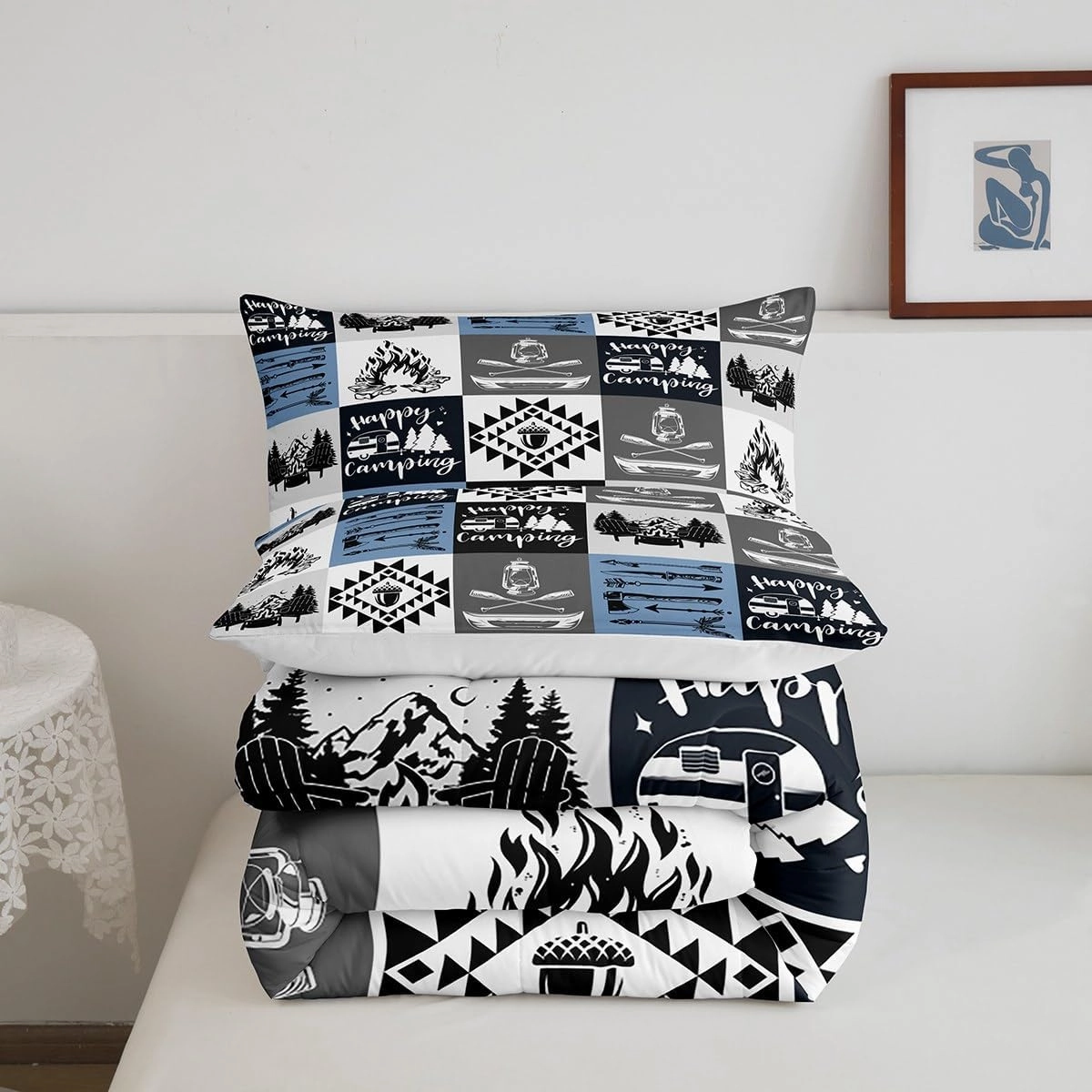 Camping RV Trailer Comforter Set Cartoon Trees Mountain Cute Pine Cones Bedding Comforter for Kids Teens Adults Jungle Adventure Lake Farmhouse Bedroom Quilt Set with 2 Pillowcases Queen Size 3 Pcs