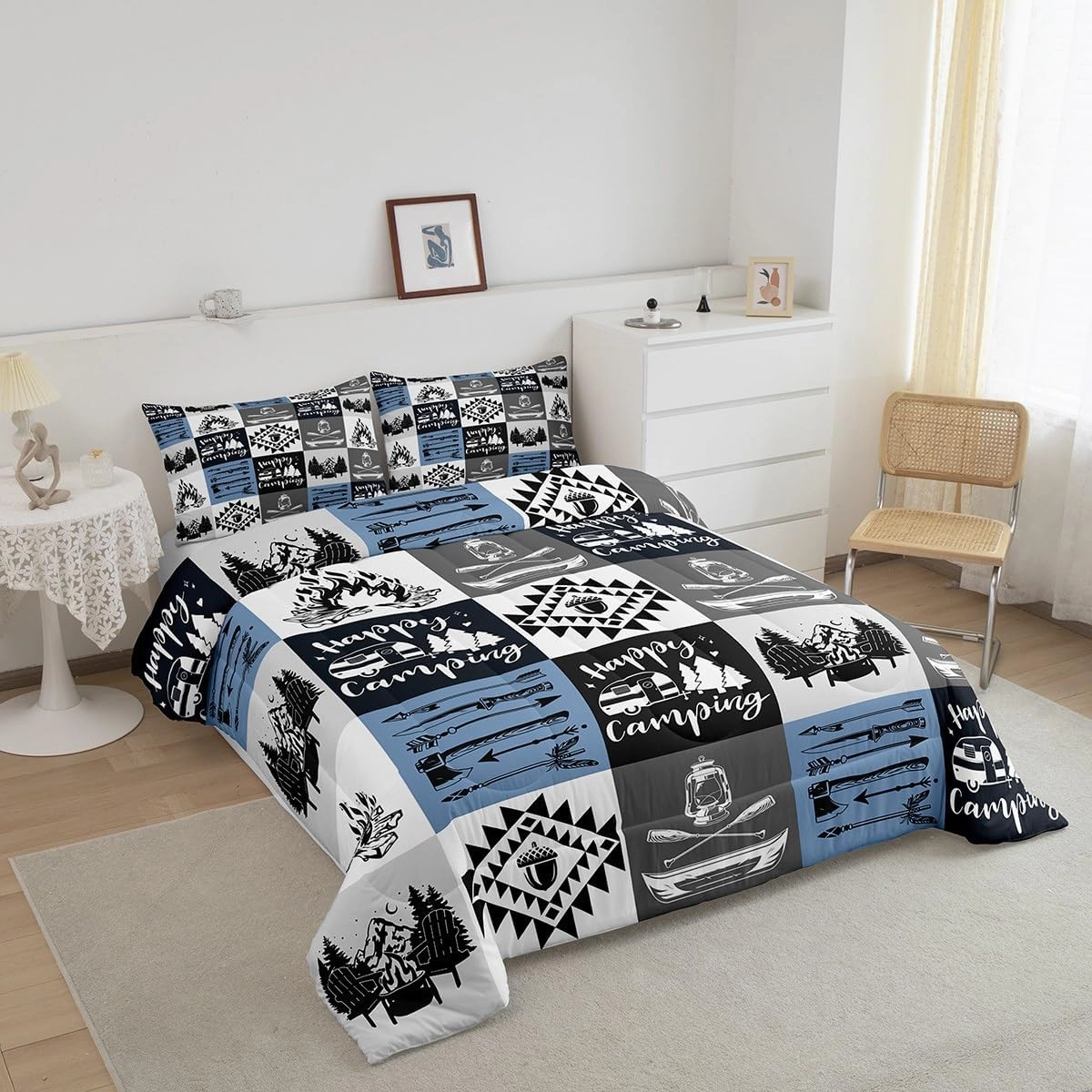 Camping RV Trailer Comforter Set Cartoon Trees Mountain Cute Pine Cones Bedding Comforter for Kids Teens Adults Jungle Adventure Lake Farmhouse Bedroom Quilt Set with 2 Pillowcases Queen Size 3 Pcs