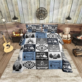 Camping RV Trailer Comforter Set Cartoon Trees Mountain Cute Pine Cones Bedding Comforter for Kids Teens Adults Jungle Adventure Lake Farmhouse Bedroom Quilt Set with 2 Pillowcases Queen Size 3 Pcs