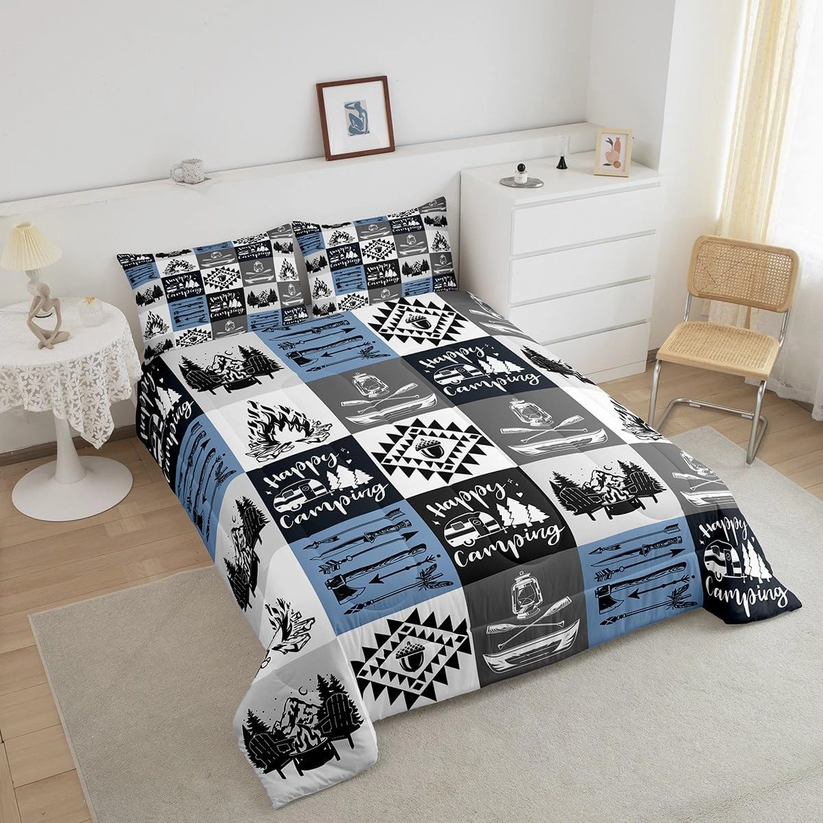 Camping RV Trailer Comforter Set Cartoon Trees Mountain Cute Pine Cones Bedding Comforter for Kids Teens Adults Jungle Adventure Lake Farmhouse Bedroom Quilt Set with 2 Pillowcases Queen Size 3 Pcs