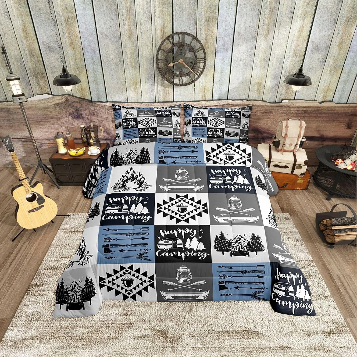 Camping RV Trailer Comforter Set Cartoon Trees Mountain Cute Pine Cones Bedding Comforter for Kids Teens Adults Jungle Adventure Lake Farmhouse Bedroom Quilt Set with 2 Pillowcases Queen Size 3 Pcs