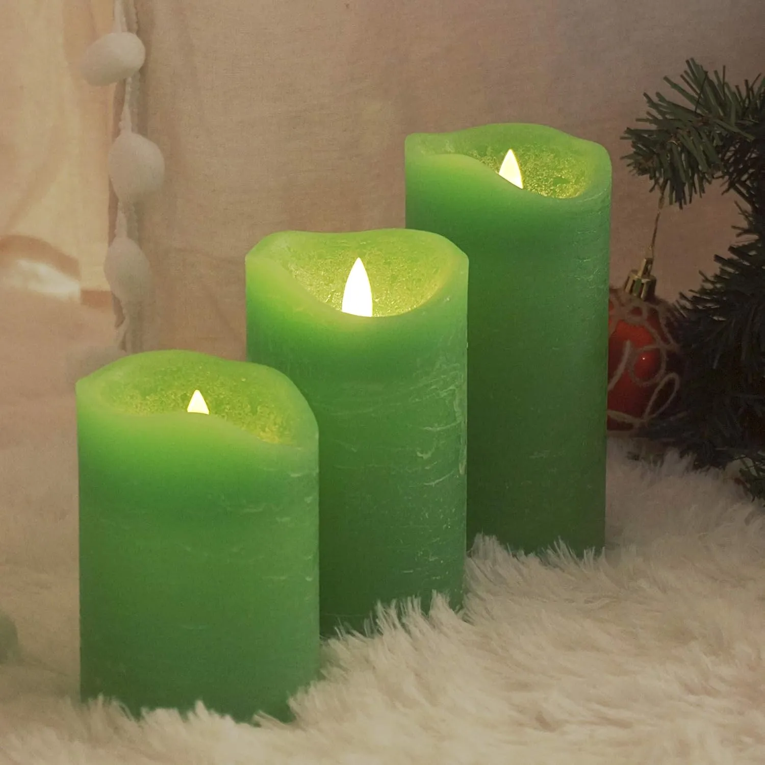 CANDLE CHOICE Battery Operated Flameless Candles with Timer Real Wax Realistic Flickering Electric LED Pillars Automatic Built-in Daily Cycle Timer 6-Hour on 18-Hour Off 3 Pack Rustic Texture Green