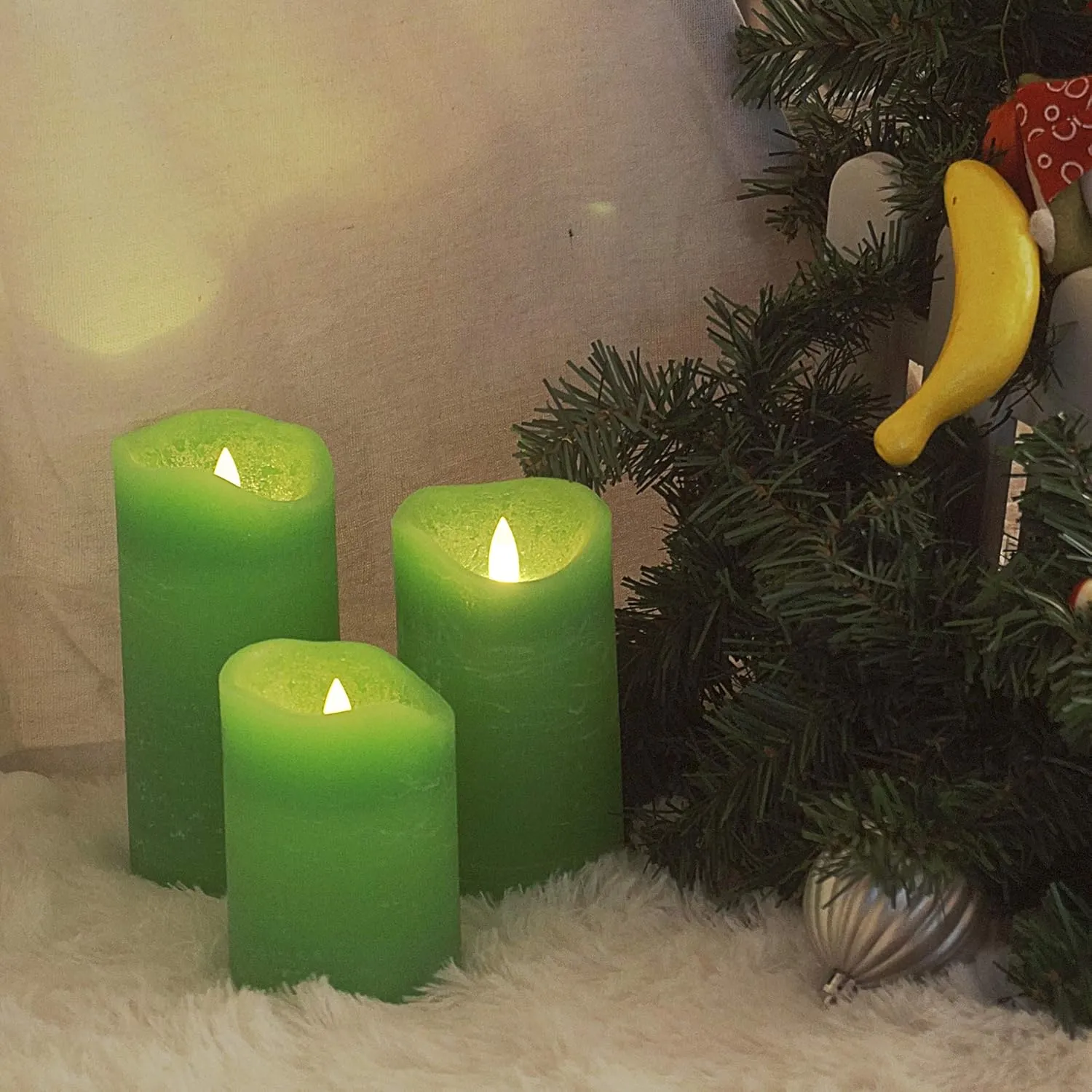 CANDLE CHOICE Battery Operated Flameless Candles with Timer Real Wax Realistic Flickering Electric LED Pillars Automatic Built-in Daily Cycle Timer 6-Hour on 18-Hour Off 3 Pack Rustic Texture Green