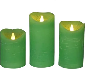 CANDLE CHOICE Battery Operated Flameless Candles with Timer Real Wax Realistic Flickering Electric LED Pillars Automatic Built-in Daily Cycle Timer 6-Hour on 18-Hour Off 3 Pack Rustic Texture Green