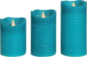 CANDLE CHOICE Battery Operated Flameless Candles with Timer Real Wax Realistic Flickering Electric LED Pillars Automatic Built-in Daily Cycle Timer 6-Hour on 18-Hour Off Set of 3 Rustic Texture Teal