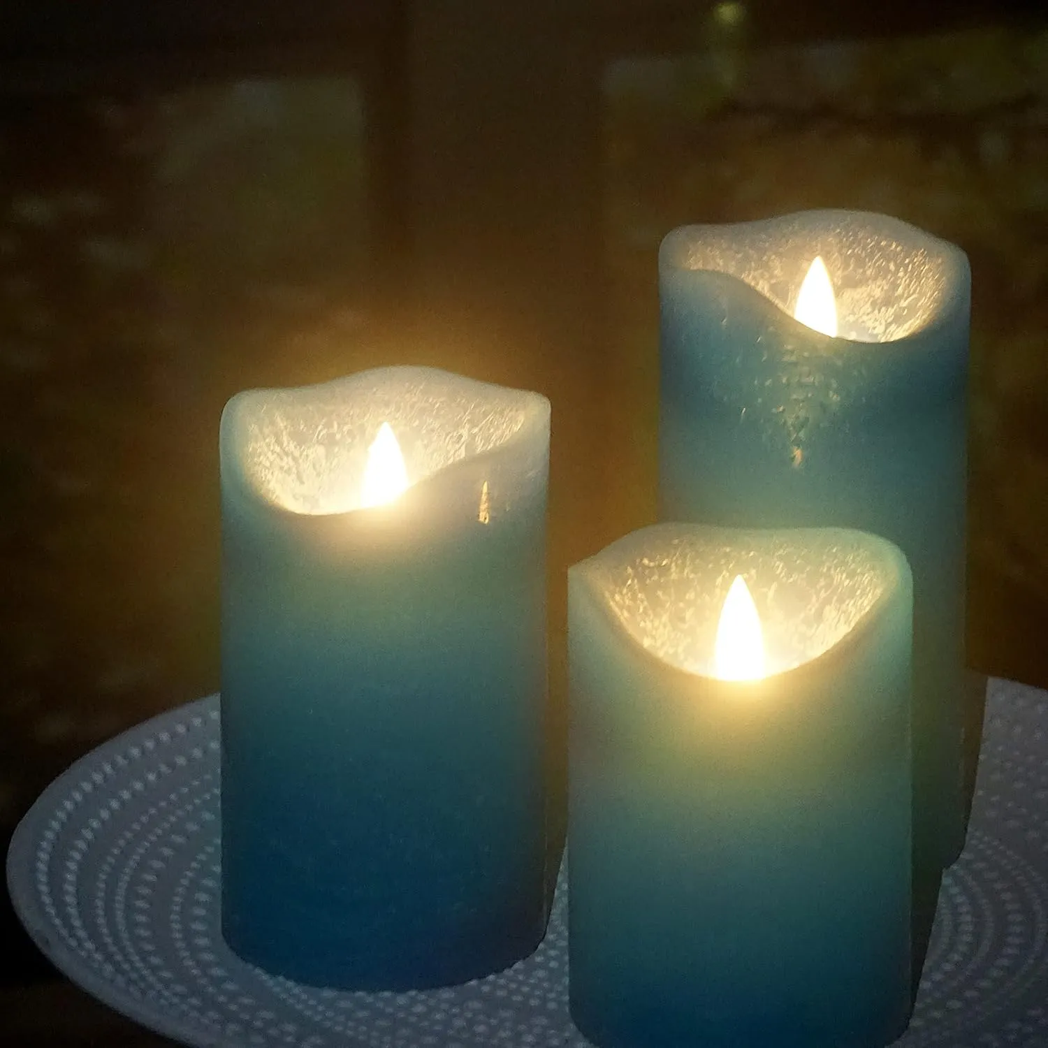 CANDLE CHOICE Battery Operated Flameless Candles with Timer Real Wax Realistic Flickering Electric LED Pillars Automatic Built-in Daily Cycle Timer 6-Hour on 18-Hour Off Set of 3 Rustic Texture Teal