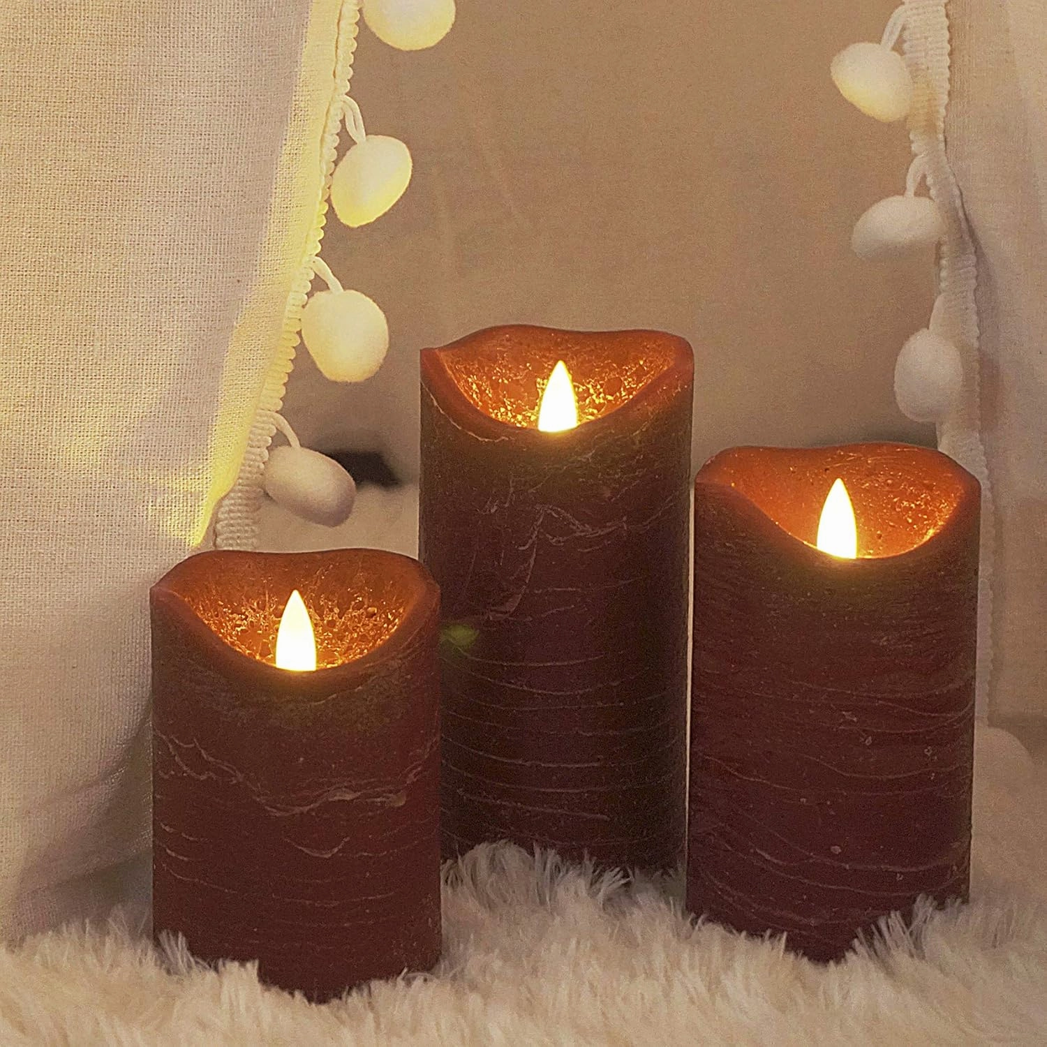 CANDLE CHOICE Battery Operated Flameless Candles with Timer Real Wax Realistic Flickering Electric LED Pillars Automatic Built-in Daily Cycle Timer 6-hour on 18-hour off 3 Pack Rustic Texture Burgundy