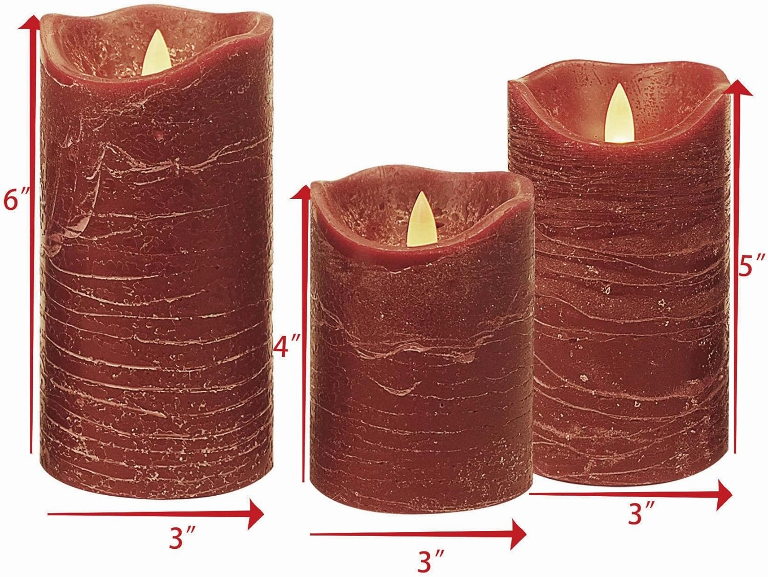 CANDLE CHOICE Battery Operated Flameless Candles with Timer Real Wax Realistic Flickering Electric LED Pillars Automatic Built-in Daily Cycle Timer 6-hour on 18-hour off 3 Pack Rustic Texture Burgundy