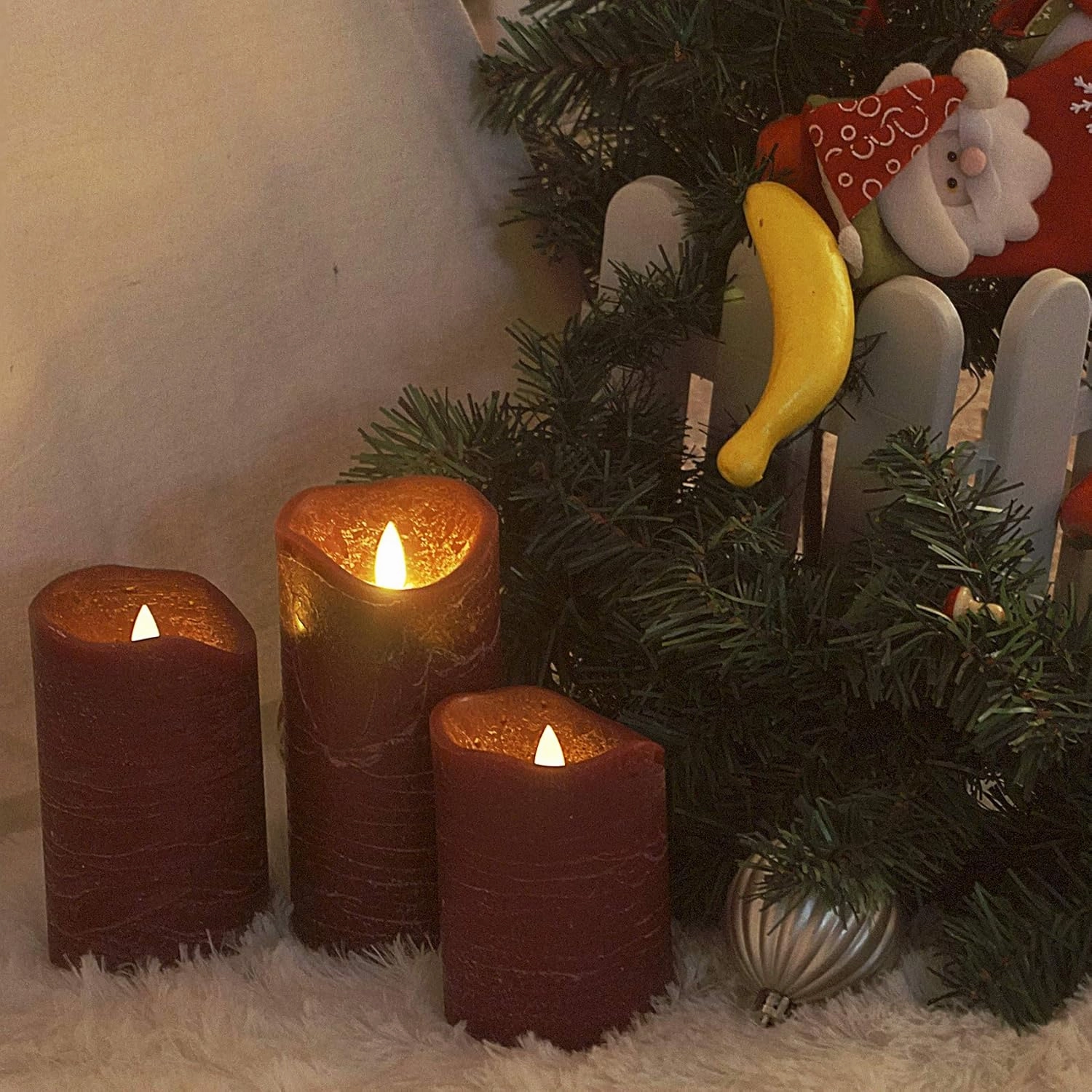 CANDLE CHOICE Battery Operated Flameless Candles with Timer Real Wax Realistic Flickering Electric LED Pillars Automatic Built-in Daily Cycle Timer 6-hour on 18-hour off 3 Pack Rustic Texture Burgundy