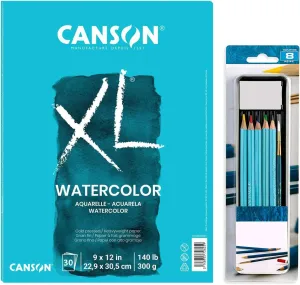 Canson Watercolor Paper Sketch Book 9"x12" Cold-Press,140-lb Art Paper, 30 Sheets Textured Paper for Drawing and Painting, Ideal for Beginners, Artists & Professionals,with Drawing Set
