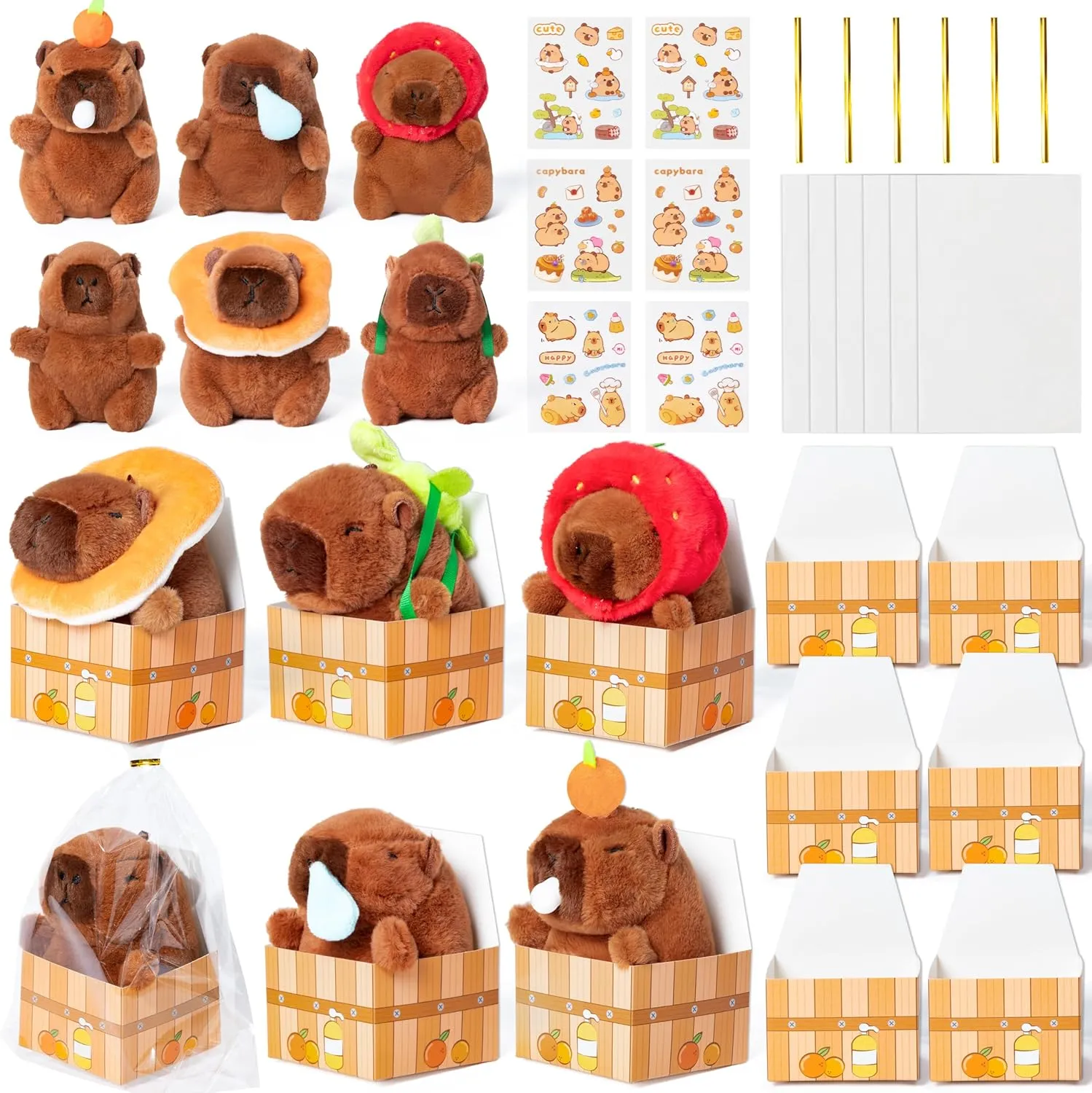 Capybara Party Favors for Kids - 6Pcs Plush Stuffed Animals with Boxes Include Stuffed Capybara, Gift Boxes, Stickers, Bags and Ties Plush Toys for Boys Girls Animals Party Supplies Birthday Gifts