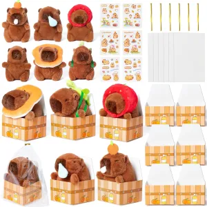 Capybara Party Favors for Kids - 6Pcs Plush Stuffed Animals with Boxes Include Stuffed Capybara, Gift Boxes, Stickers, Bags and Ties Plush Toys for Boys Girls Animals Party Supplies Birthday Gifts
