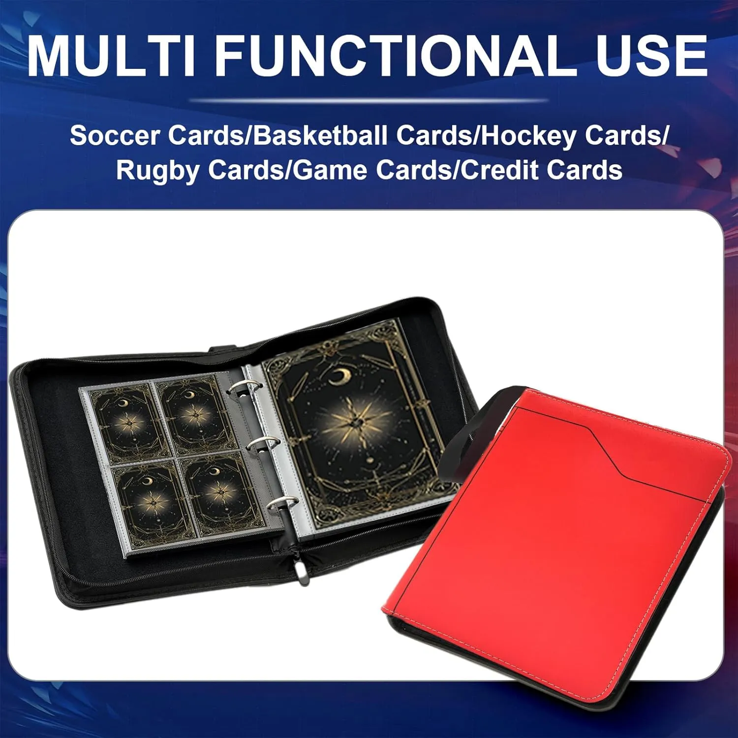 Card Binder 80 Pockets Hold Oversized Big Card & 4 Pocket with 10 Removable Sleeves, Sports Trading Card Binder with Wrist Strap, Trading Card Collector Zipper Album Holder (XL 80   S 40, Red)