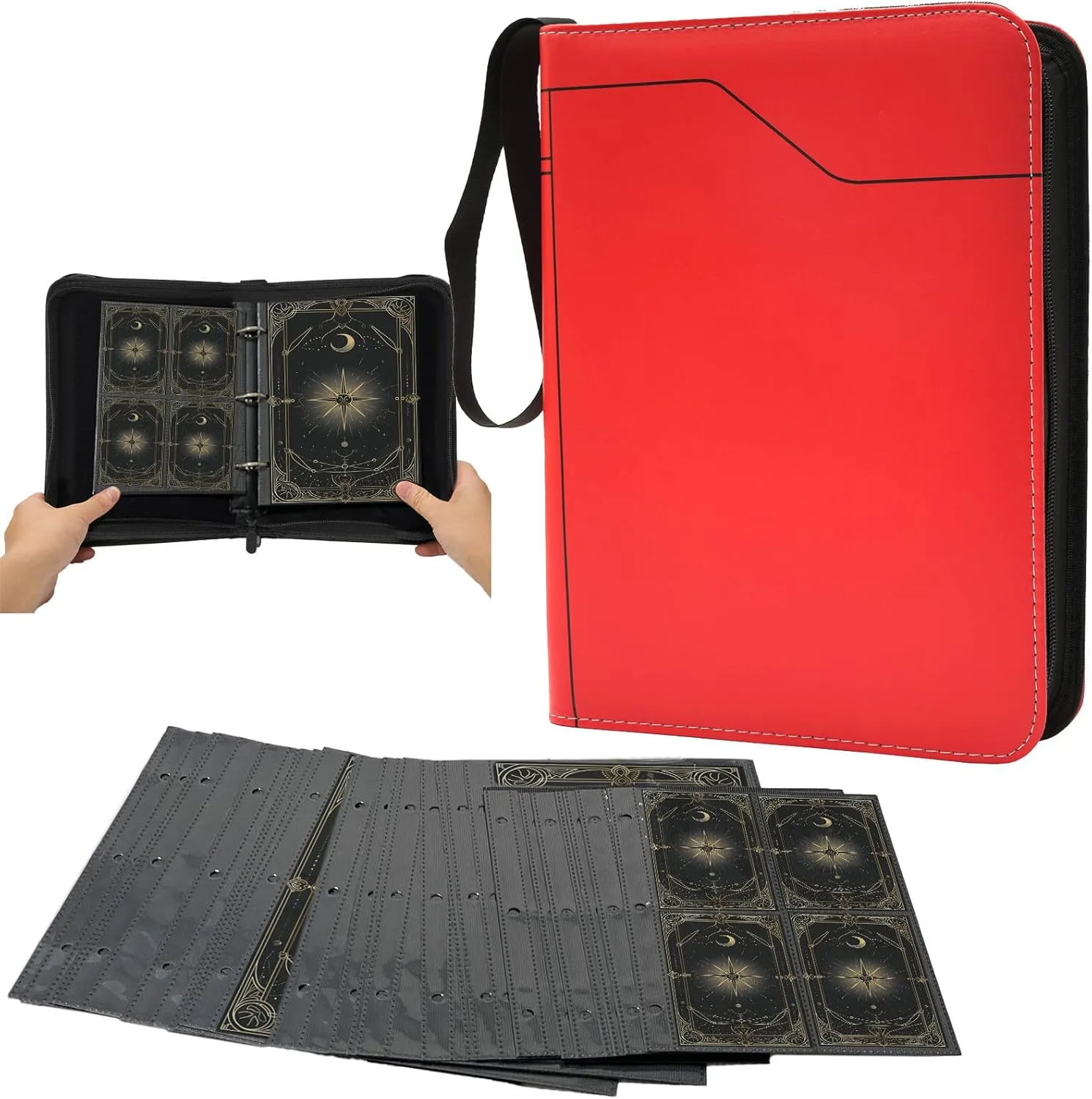 Card Binder 80 Pockets Hold Oversized Big Card & 4 Pocket with 10 Removable Sleeves, Sports Trading Card Binder with Wrist Strap, Trading Card Collector Zipper Album Holder (XL 80   S 40, Red)